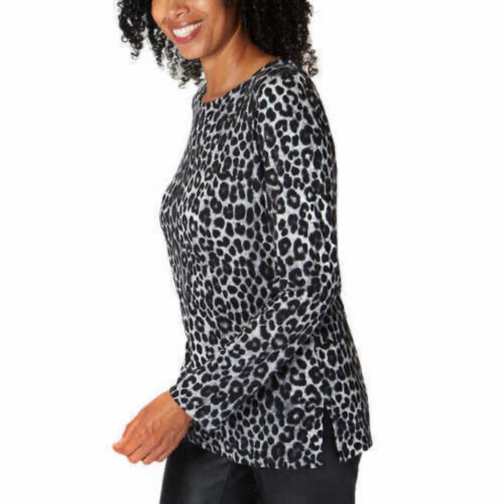 Mario Serrani Crew Neck Long Sleeve Tunic Top Gray Leopard Print Small